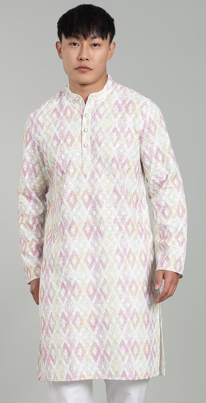 Men’s Light Pink Geometric Printed Textured Kurta