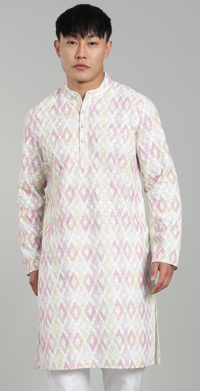Men’s Blue Geometric Printed Textured Kurta