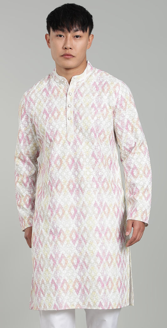 Men’s Light Pink Geometric Printed Textured Kurta