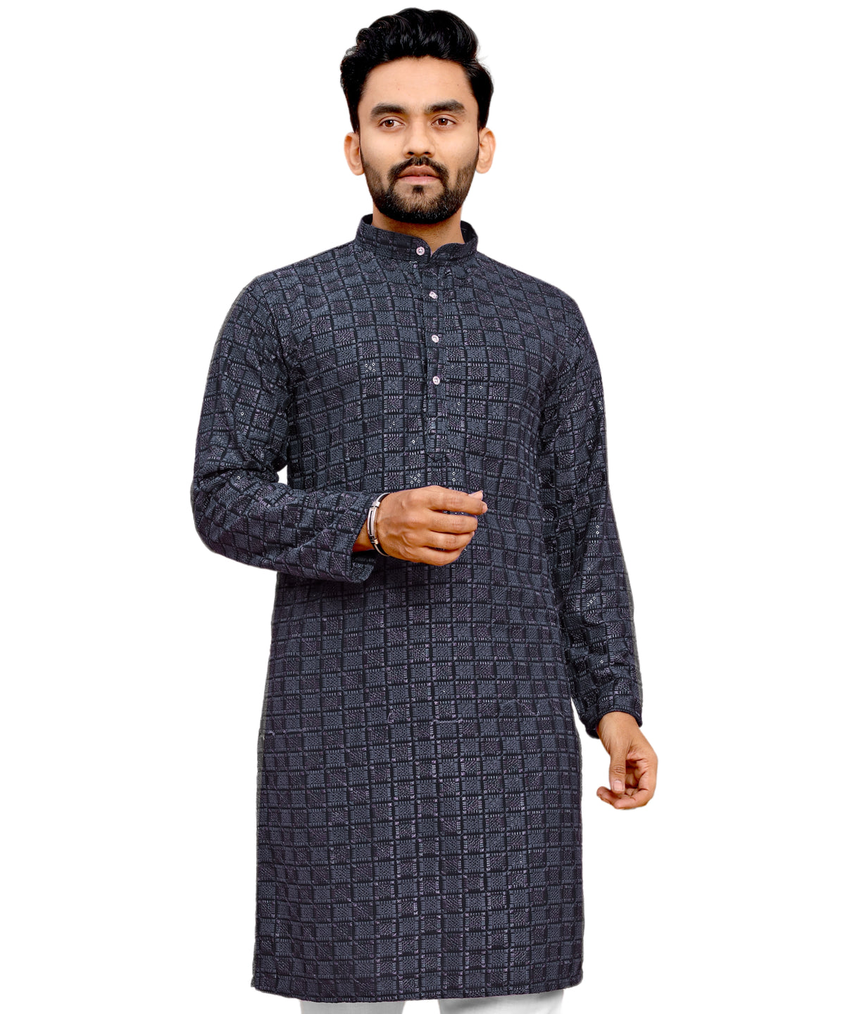 Men's Printed Long Kurta with Mandarin Collar{BLACK}| Stylish Kurta for Men | Full Sleeve Traditional Ethnic Kurta