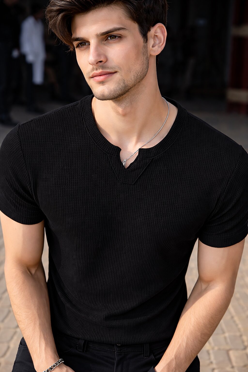 Men Solid V Neck Polyester T-Shirt