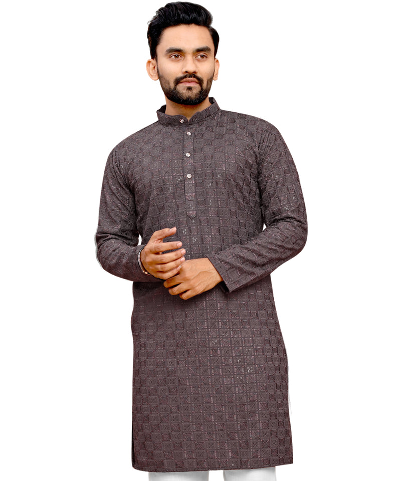 Men's Printed Long Kurta with Mandarin Collar{COFFEE}| Stylish Kurta for Men | Full Sleeve Traditional Ethnic Kurta