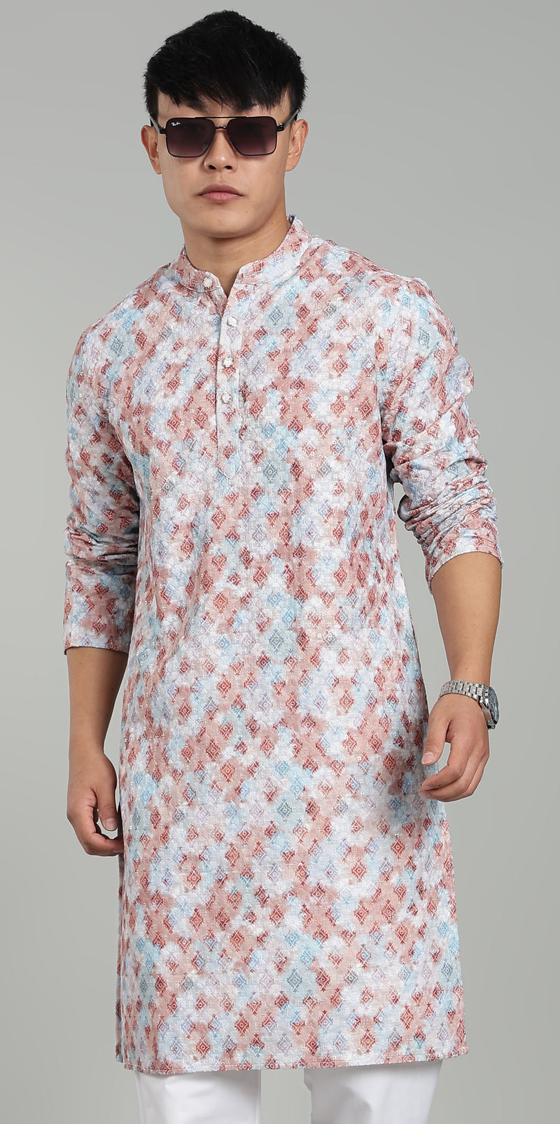 Men’s Pink Geometric Printed Textured Kurta