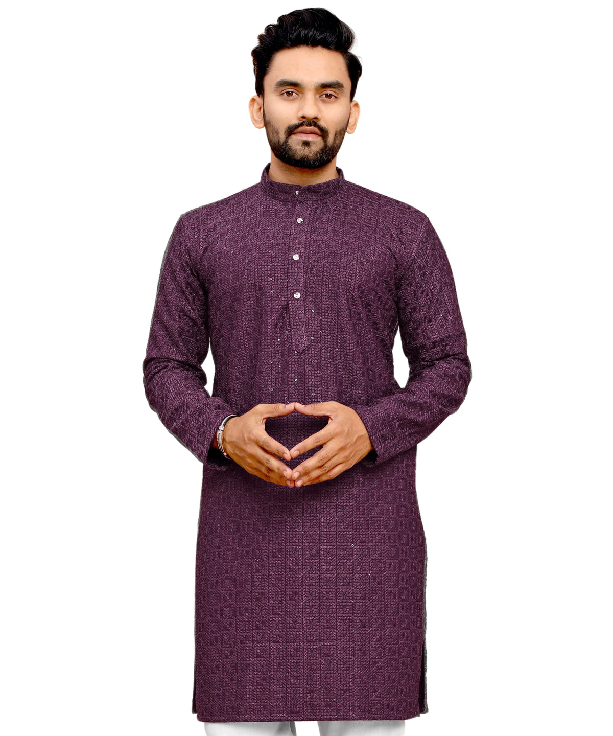 Men's Printed Long Kurta with Mandarin Collar{WINE}| Stylish Kurta for Men | Full Sleeve Traditional Ethnic Kurta