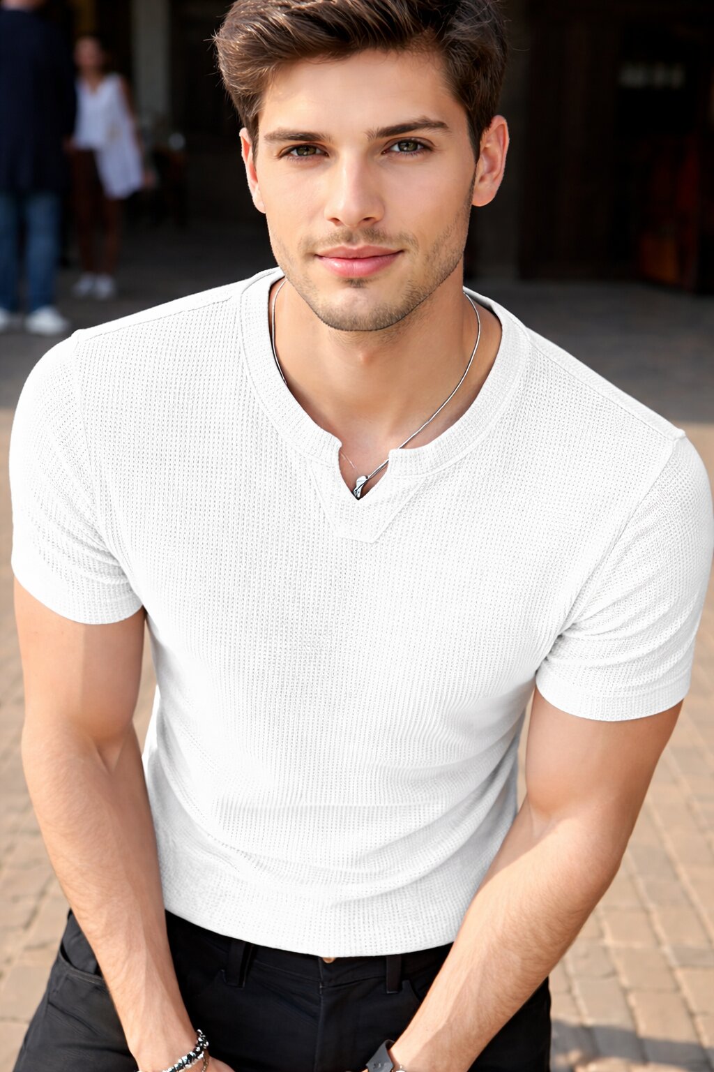 Men Solid V Neck Polyester T-Shirt