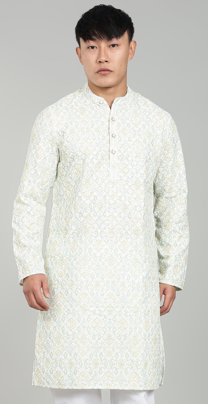 Men’s Yellow Ethnic Printed Textured Kurta