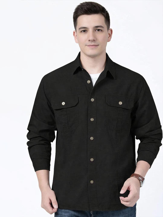 Men’s Black Utility Casual Shirt – Premium Full Sleeve Cotton Blend Shirt