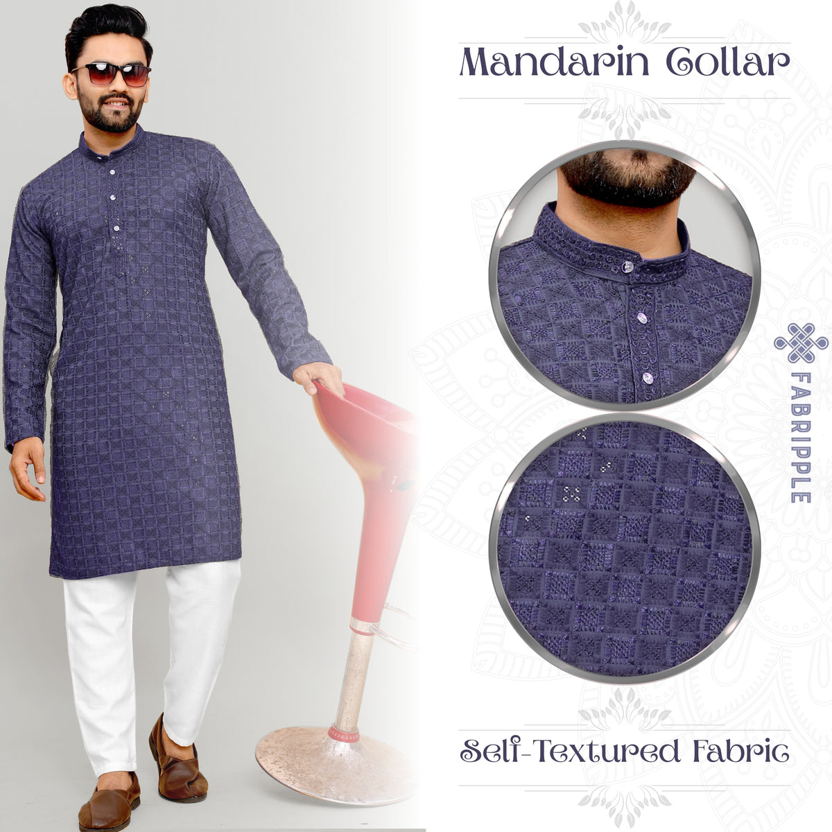 Men's Printed Long Kurta with Mandarin Collar{BLUE}| Stylish Kurta for Men | Full Sleeve Traditional Ethnic Kurta