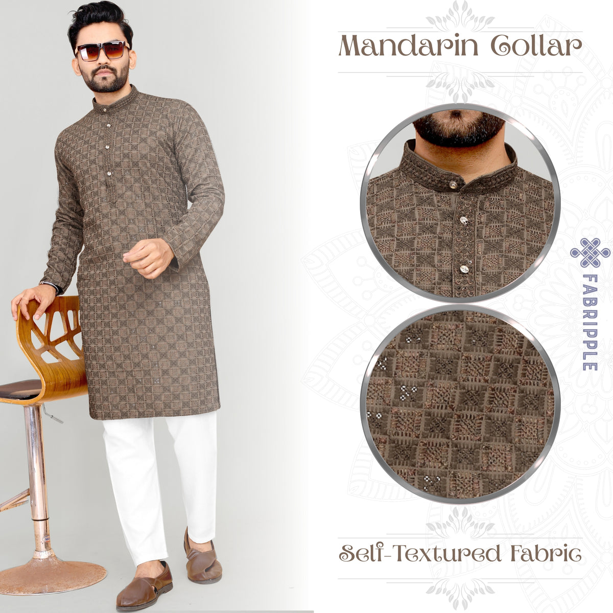 Men's Printed Long Kurta with Mandarin Collar{BROWN}| Stylish Kurta for Men | Full Sleeve Traditional Ethnic Kurta