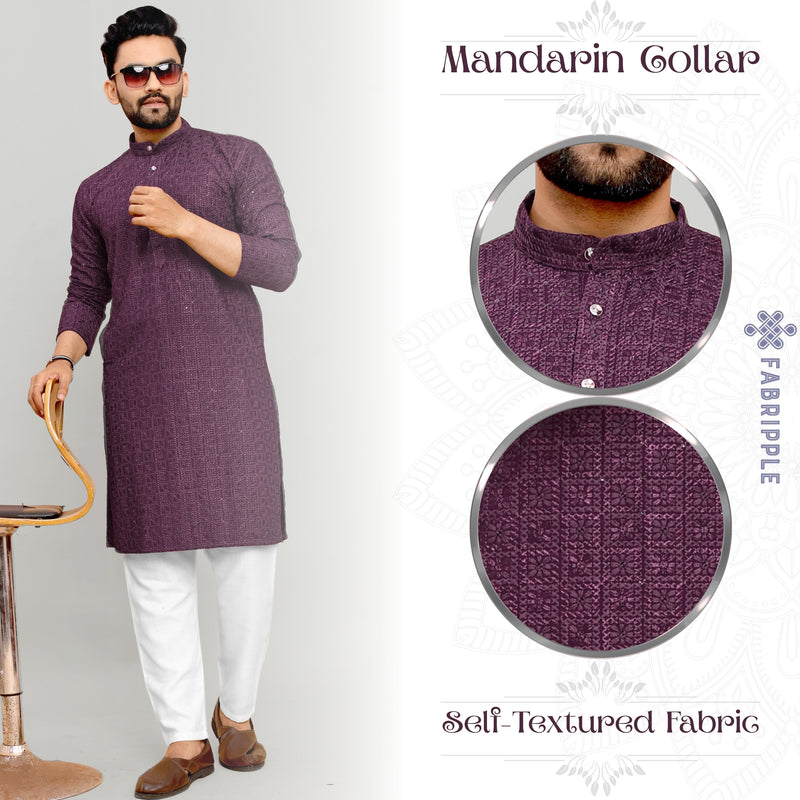 Men's Printed Long Kurta with Mandarin Collar{WINE}| Stylish Kurta for Men | Full Sleeve Traditional Ethnic Kurta