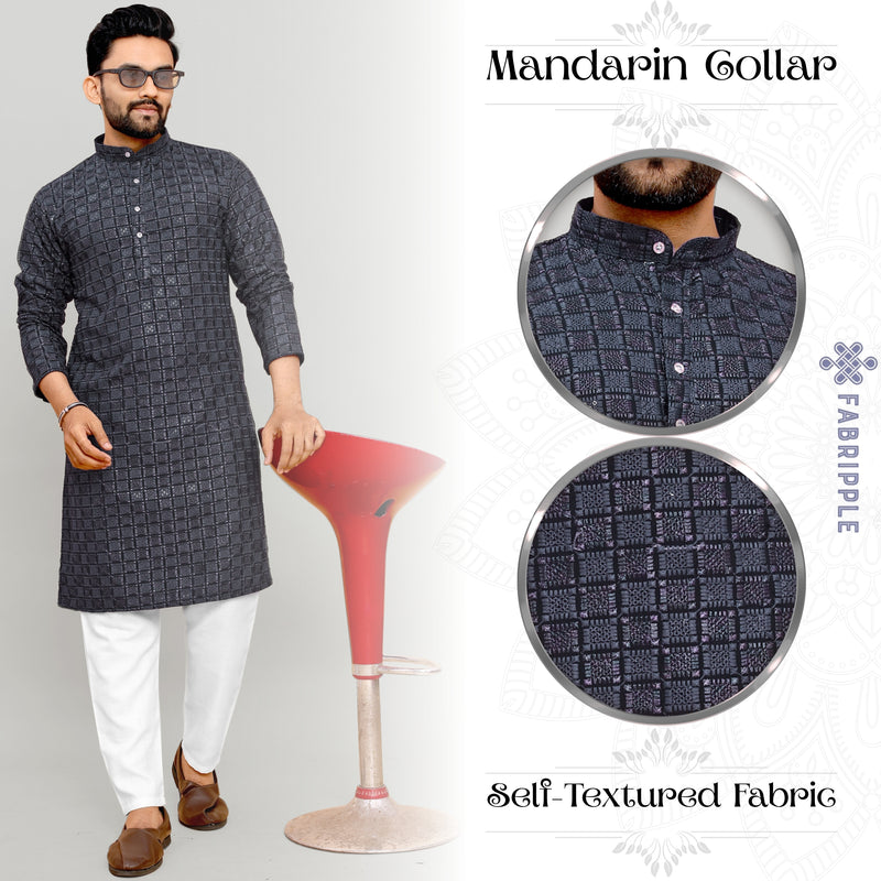 Men's Printed Long Kurta with Mandarin Collar{BLACK}| Stylish Kurta for Men | Full Sleeve Traditional Ethnic Kurta