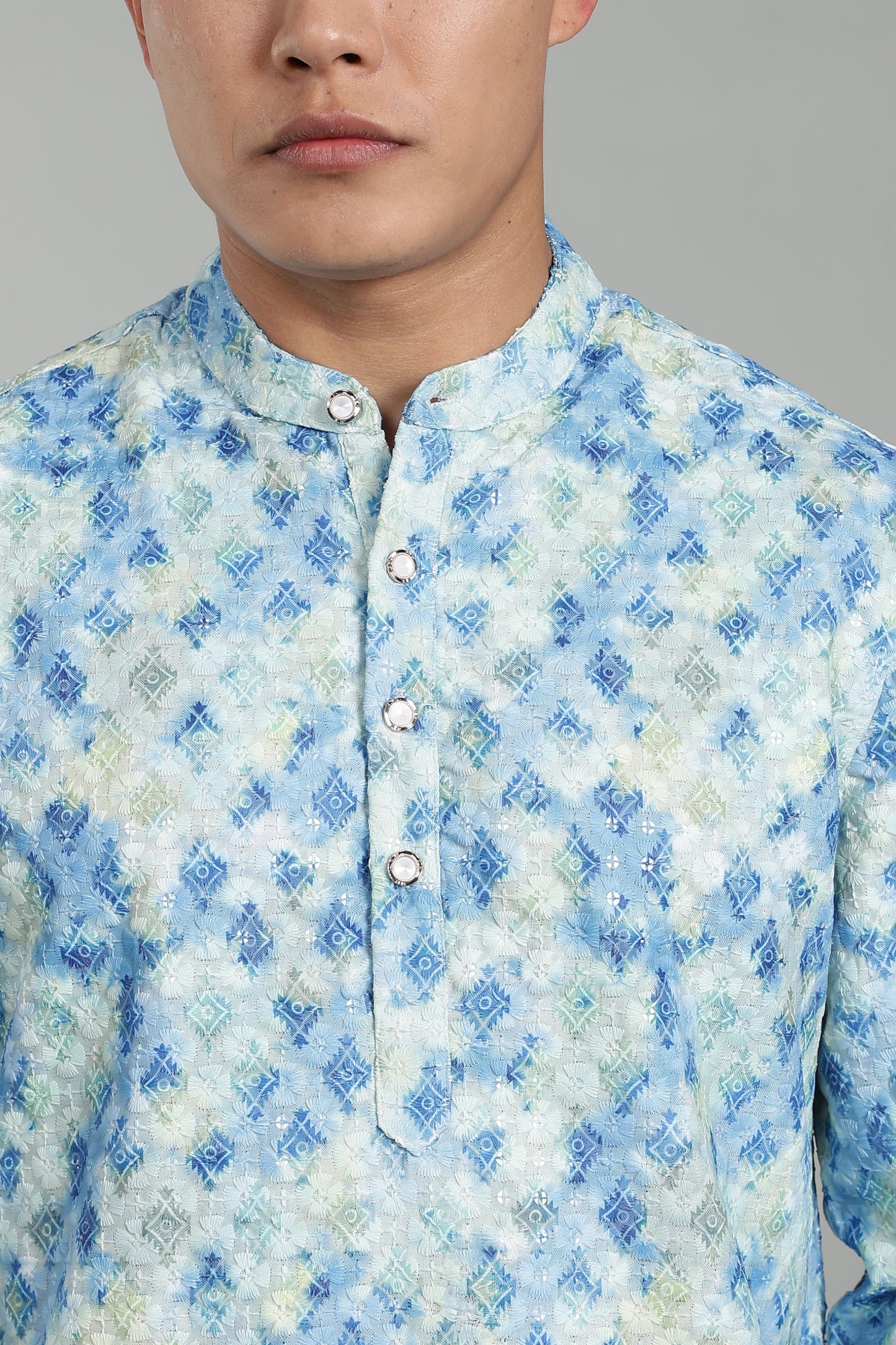 Men’s Blue Geometric Printed Textured Kurta