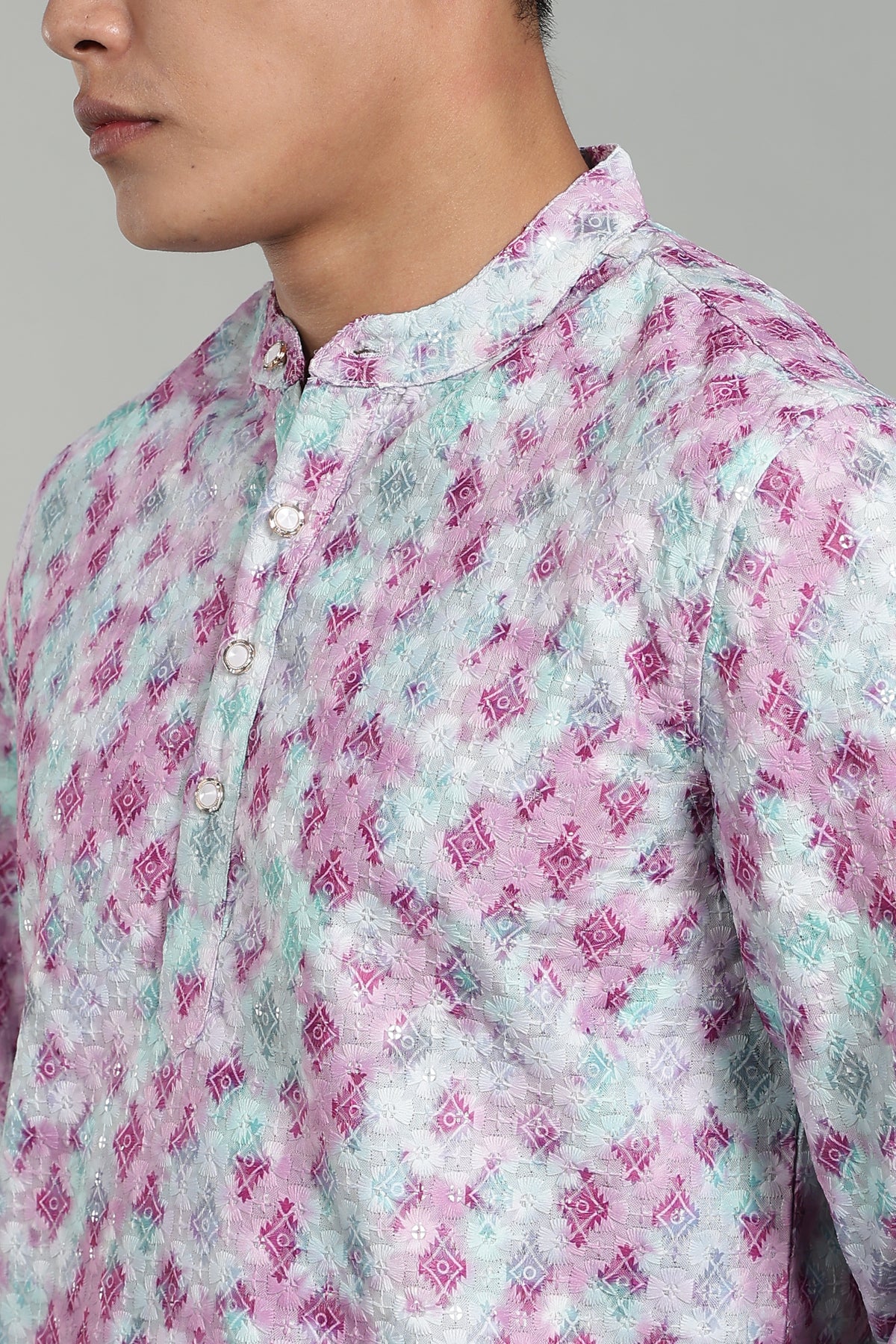 Men’s Pink Geometric Printed Textured Kurta