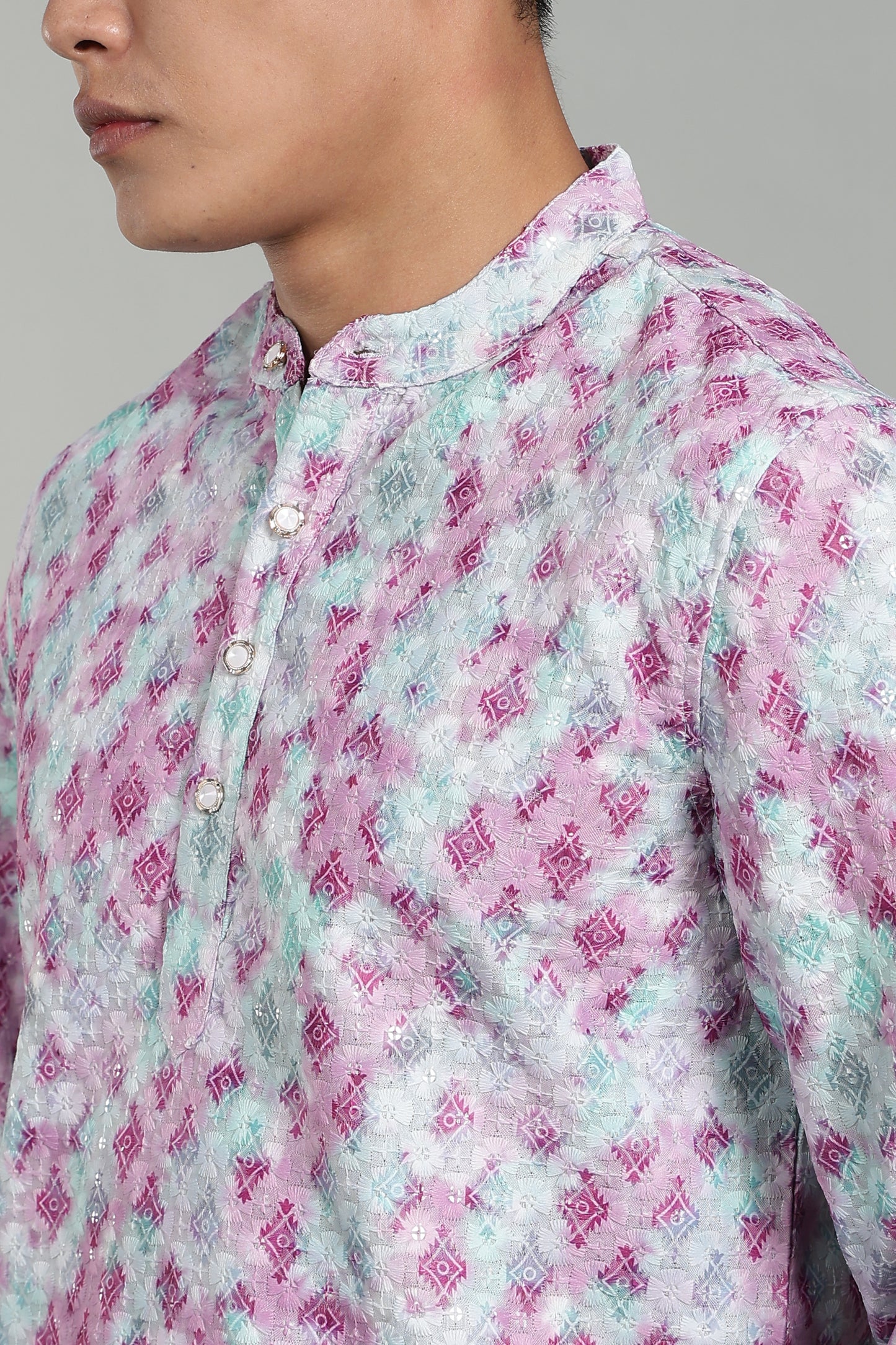 Men’s Pink Geometric Printed Textured Kurta