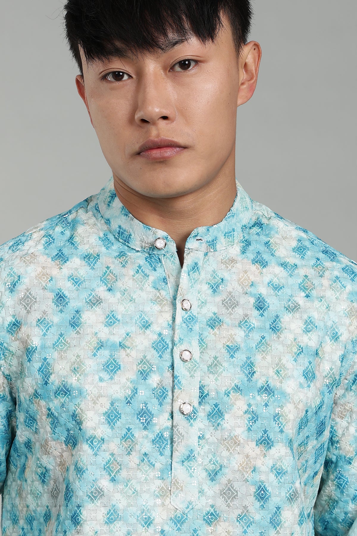 Men’s Rama Green Geometric Printed Textured Kurta