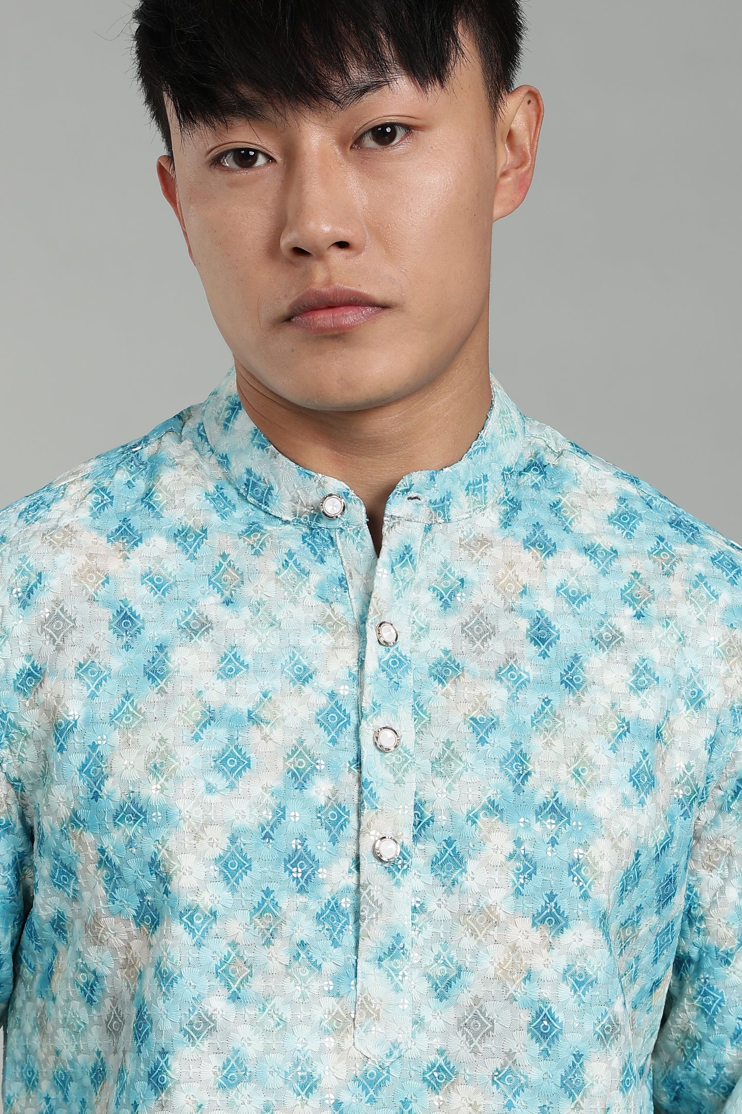 Men’s Rama Green Geometric Printed Textured Kurta