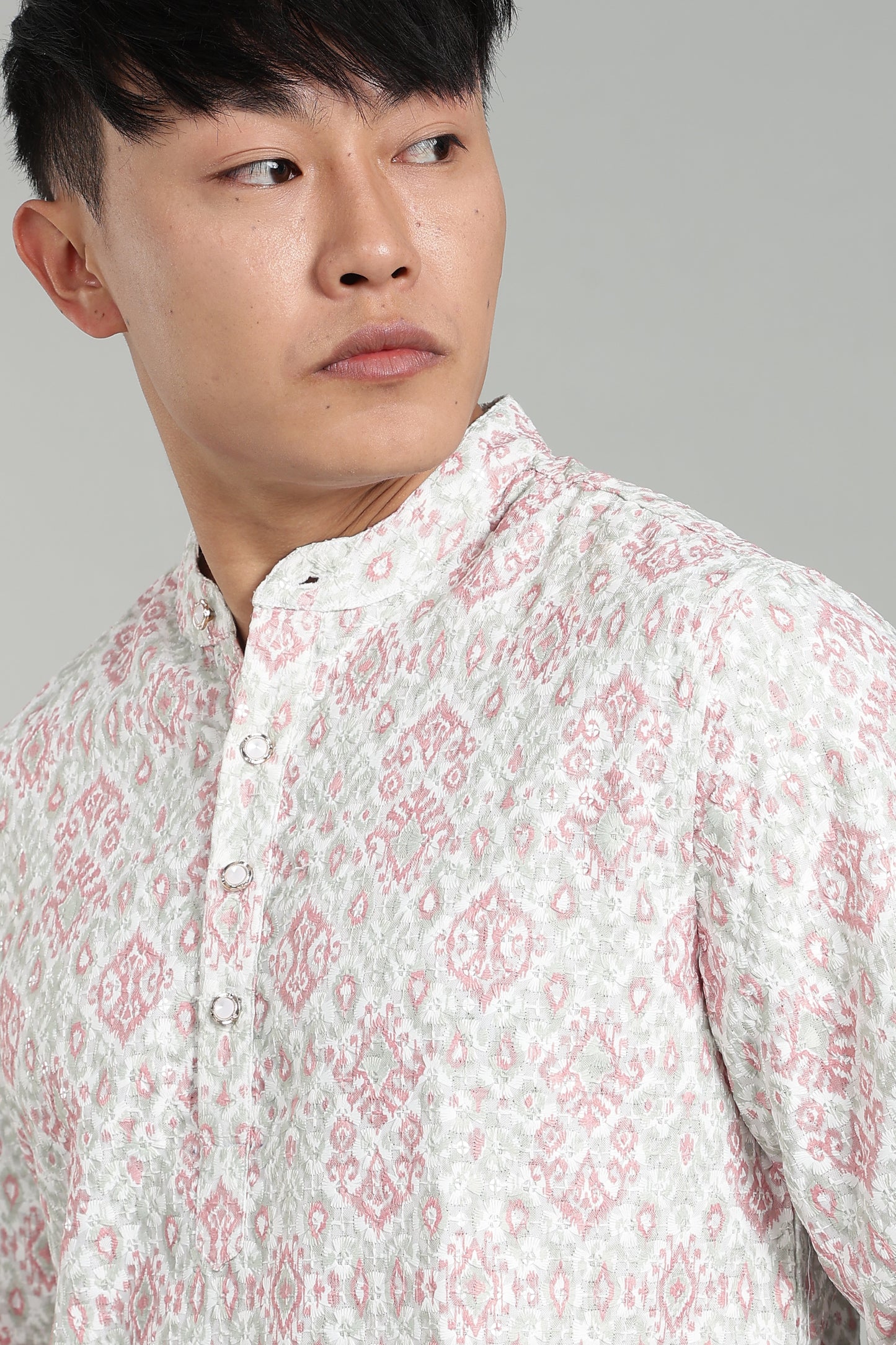 Men’s Rani Pink Ethnic Printed Textured Kurta