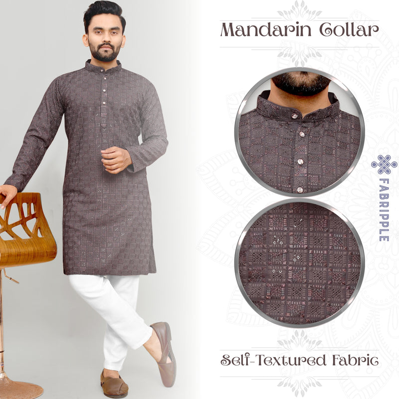 Men's Printed Long Kurta with Mandarin Collar{COFFEE}| Stylish Kurta for Men | Full Sleeve Traditional Ethnic Kurta