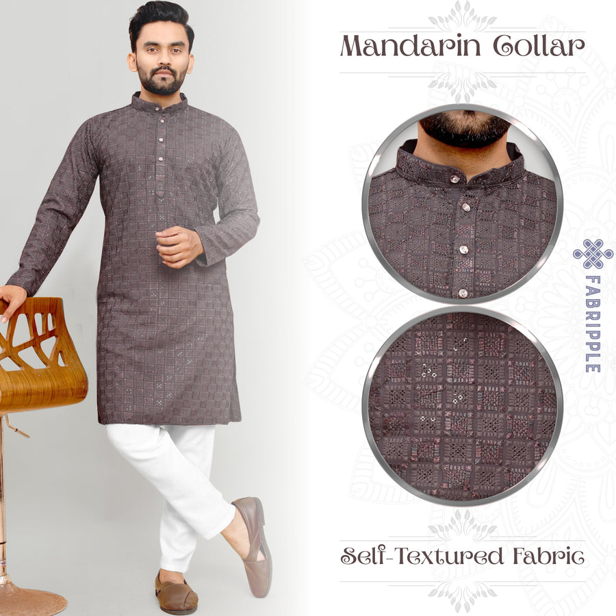 Men's Printed Long Kurta with Mandarin Collar{COFFEE}| Stylish Kurta for Men | Full Sleeve Traditional Ethnic Kurta