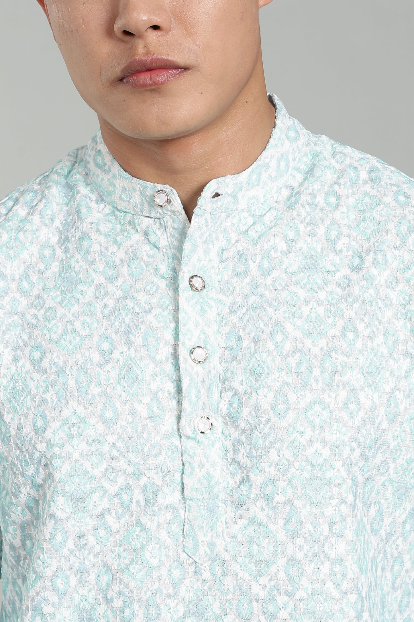 Men’s Sea Blue Ethnic Printed Textured Kurta