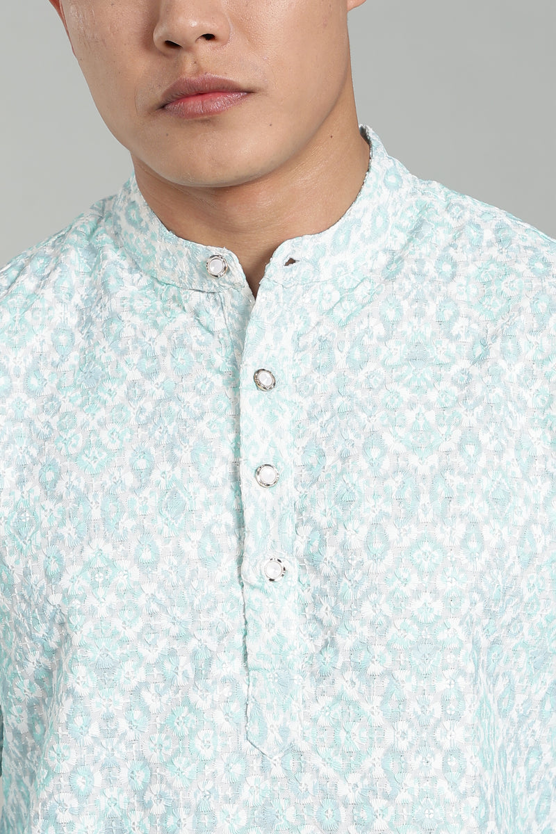 Men’s Sea Blue Ethnic Printed Textured Kurta