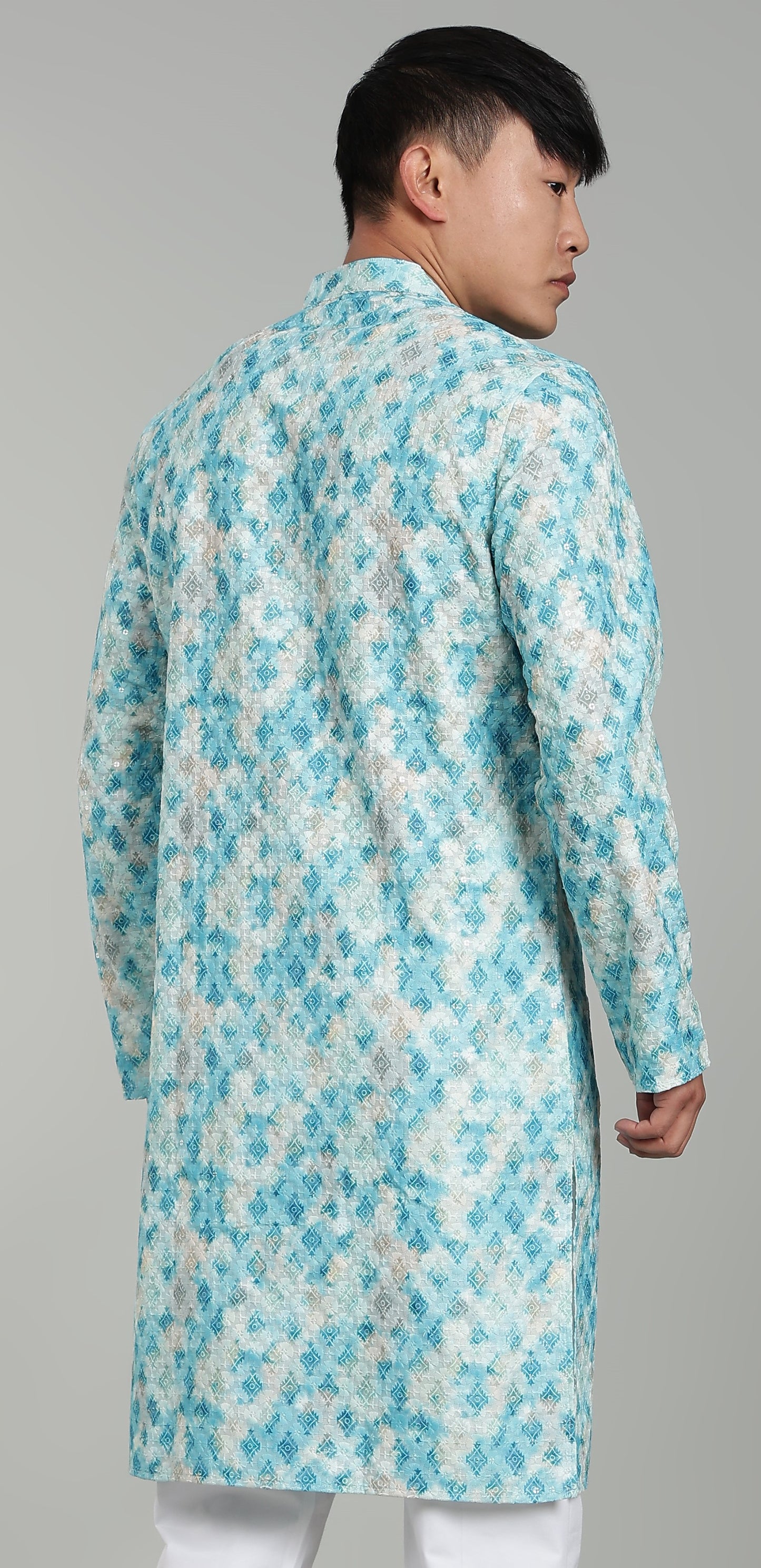 Men’s Rama Green Geometric Printed Textured Kurta