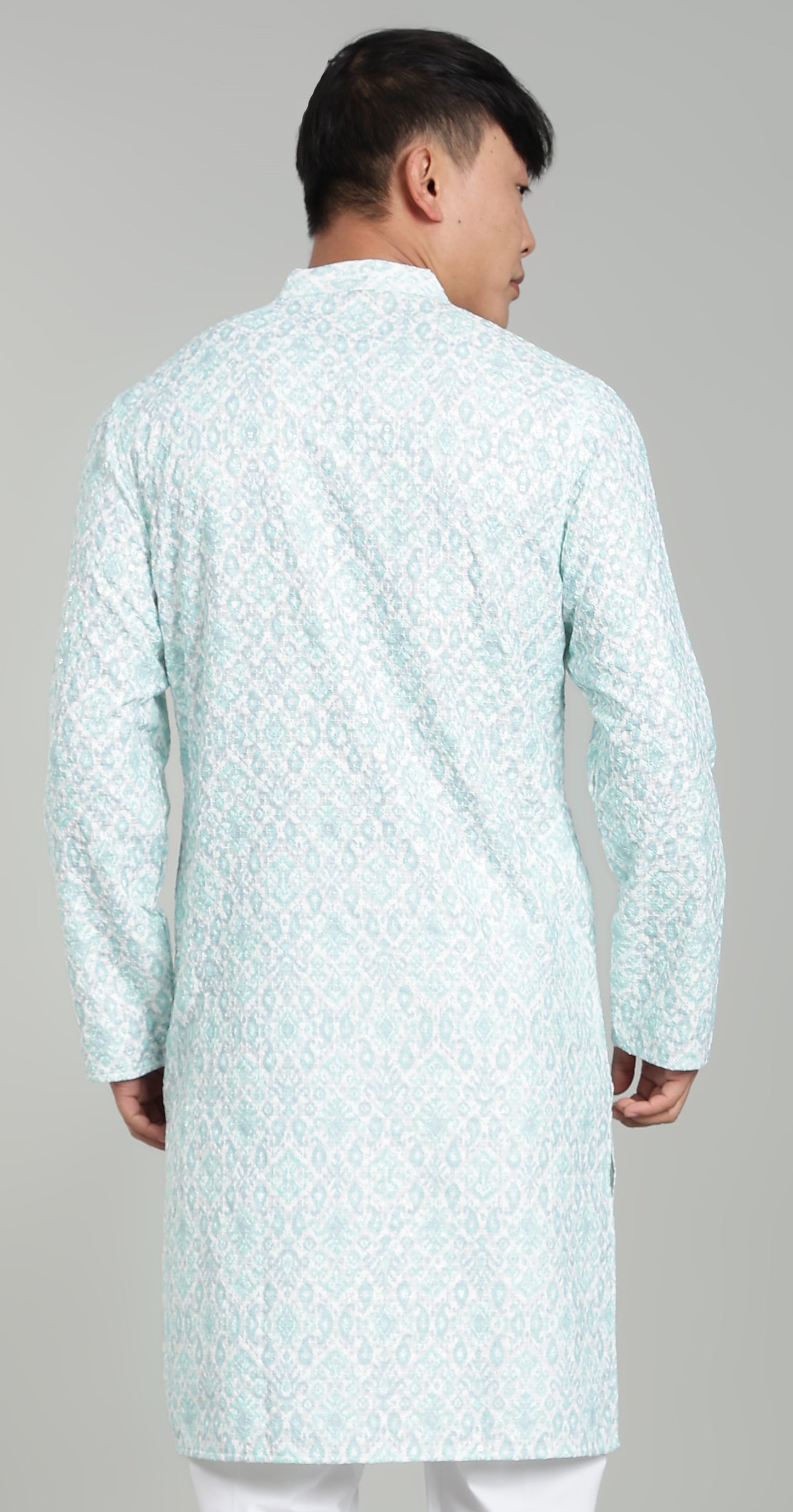 Men’s Sea Blue Ethnic Printed Textured Kurta