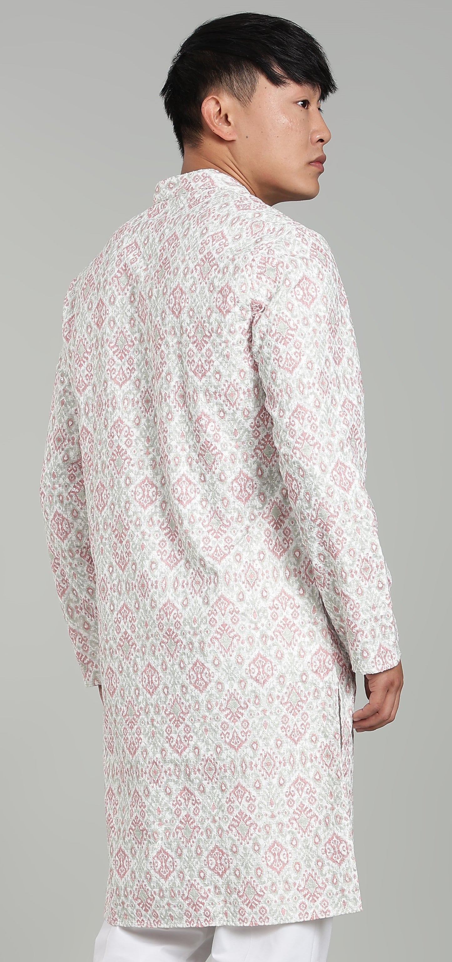Men’s Rani Pink Ethnic Printed Textured Kurta