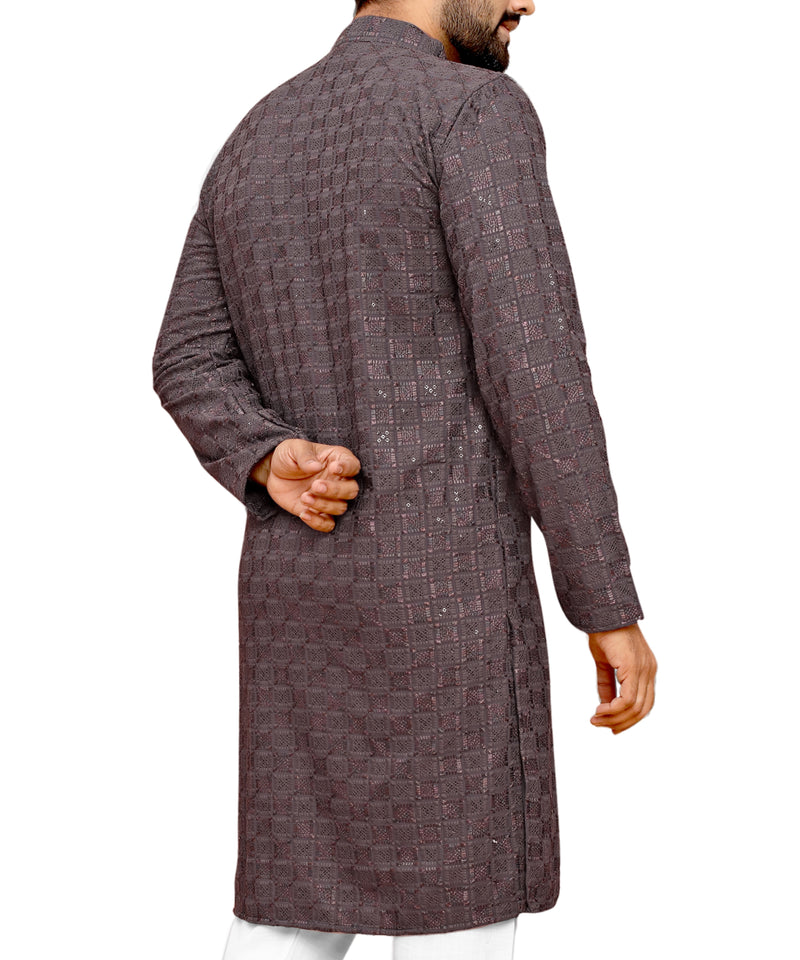 Men's Printed Long Kurta with Mandarin Collar{COFFEE}| Stylish Kurta for Men | Full Sleeve Traditional Ethnic Kurta