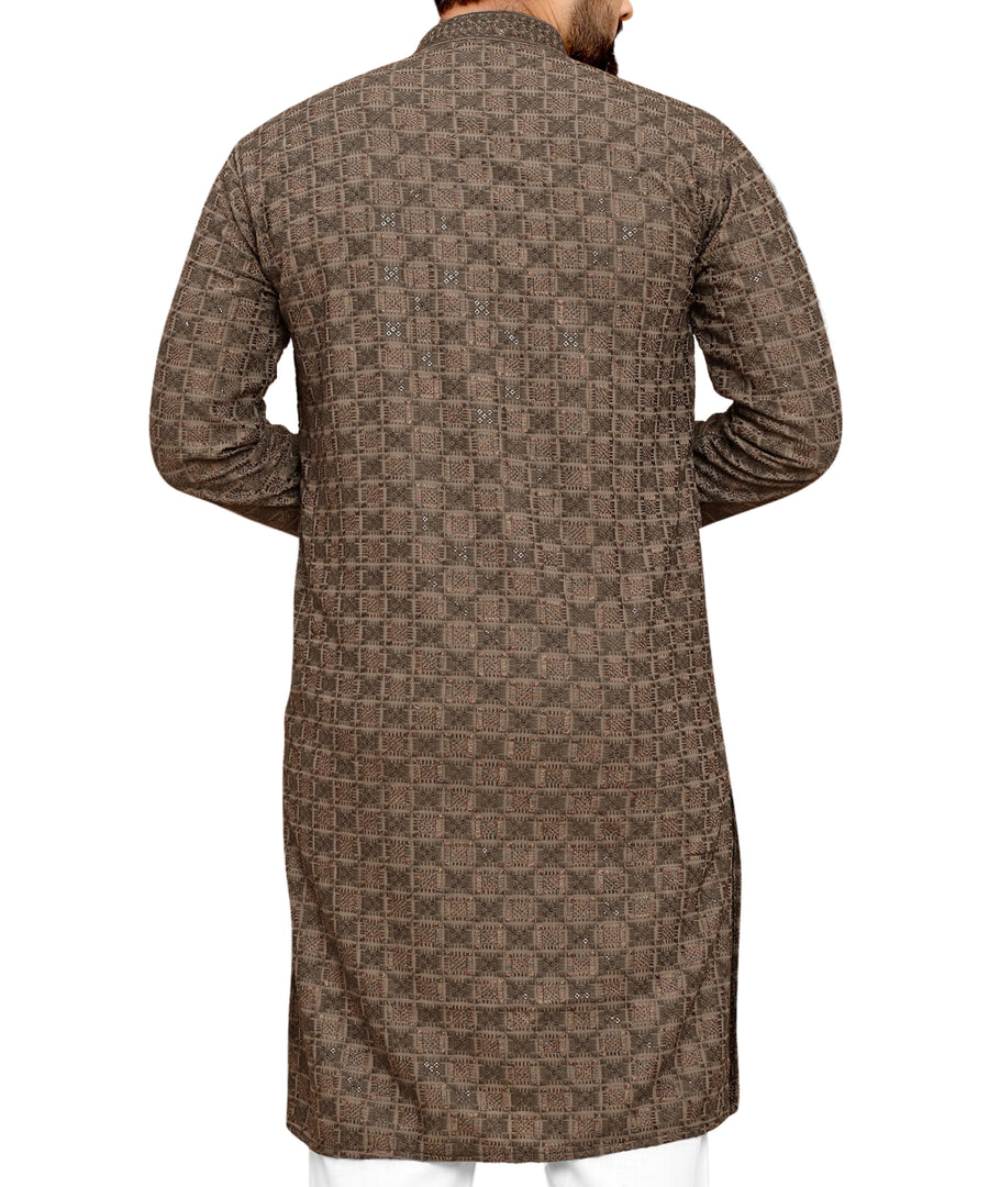 Men's Printed Long Kurta with Mandarin Collar{BROWN}| Stylish Kurta for Men | Full Sleeve Traditional Ethnic Kurta