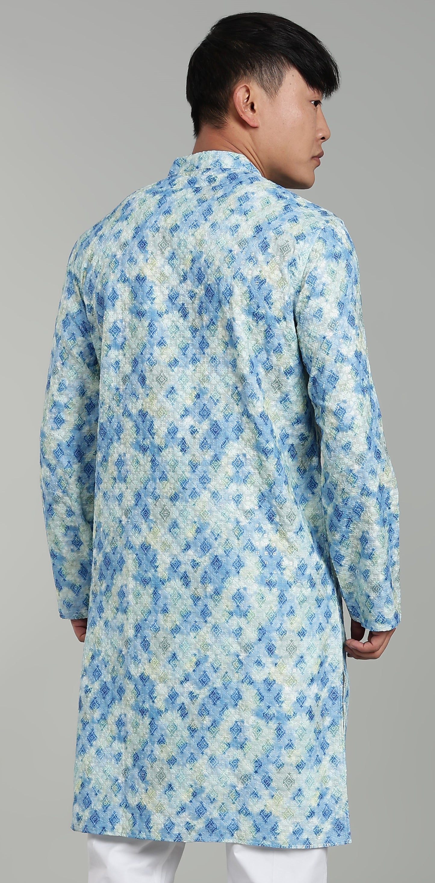 Men’s Blue Geometric Printed Textured Kurta