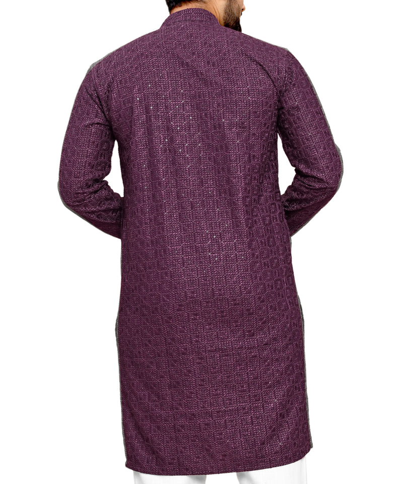 Men's Printed Long Kurta with Mandarin Collar{WINE}| Stylish Kurta for Men | Full Sleeve Traditional Ethnic Kurta