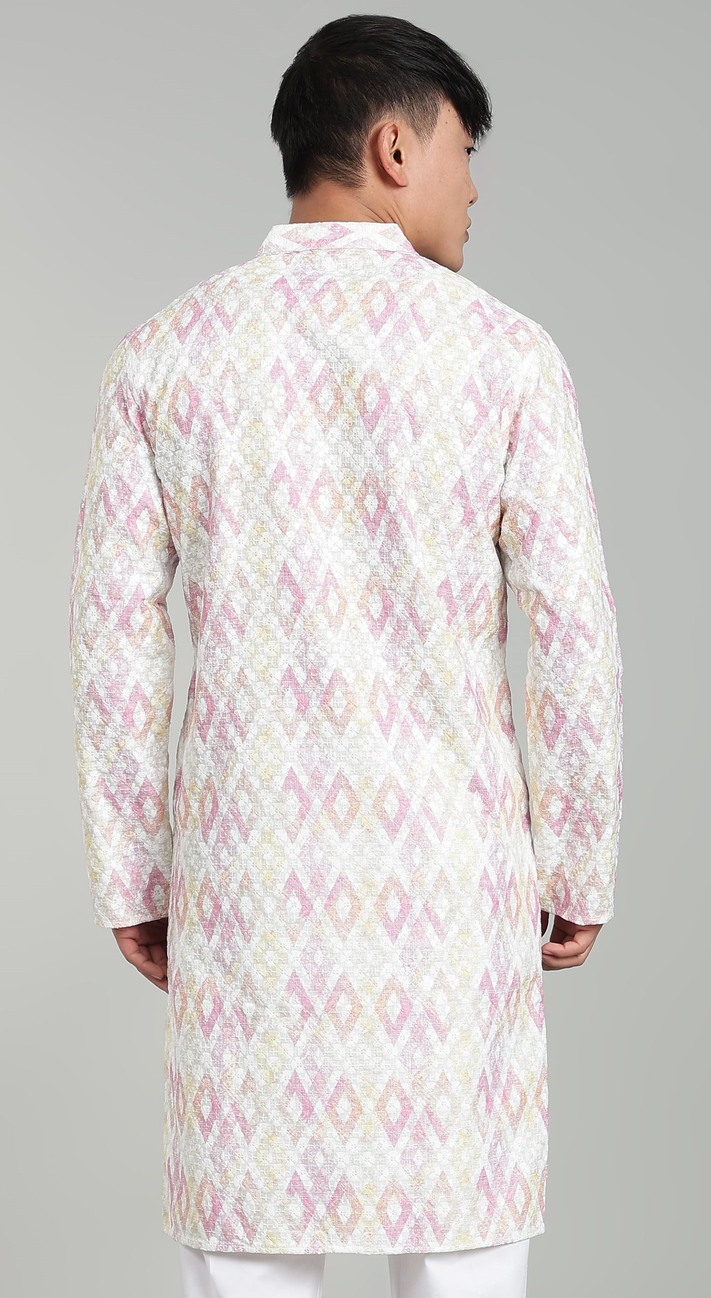 Men’s Light Pink Geometric Printed Textured Kurta