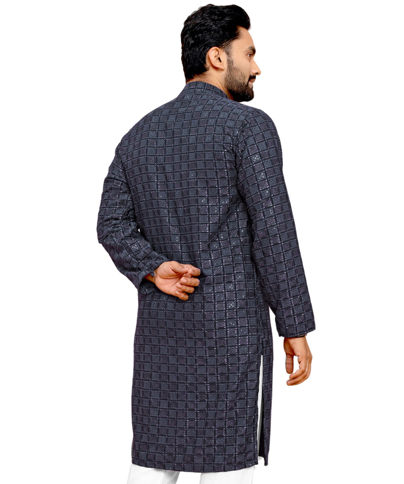 Men's Printed Long Kurta with Mandarin Collar{BLACK}| Stylish Kurta for Men | Full Sleeve Traditional Ethnic Kurta