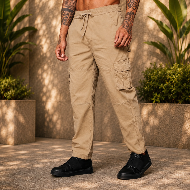 Men’s Beige Utility Cargo Pants – Relaxed Fit Streetwear Trousers