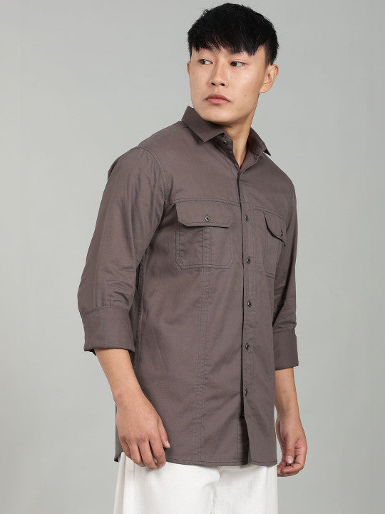 Men’s Dark Grey Utility Casual Shirt – Premium Full Sleeve Solid Shirt