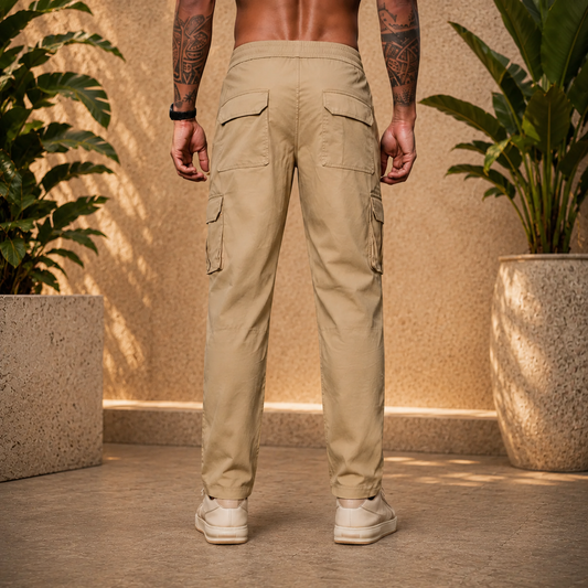 Men’s Beige Cargo Pants – Relaxed Fit Utility Streetwear Trousers