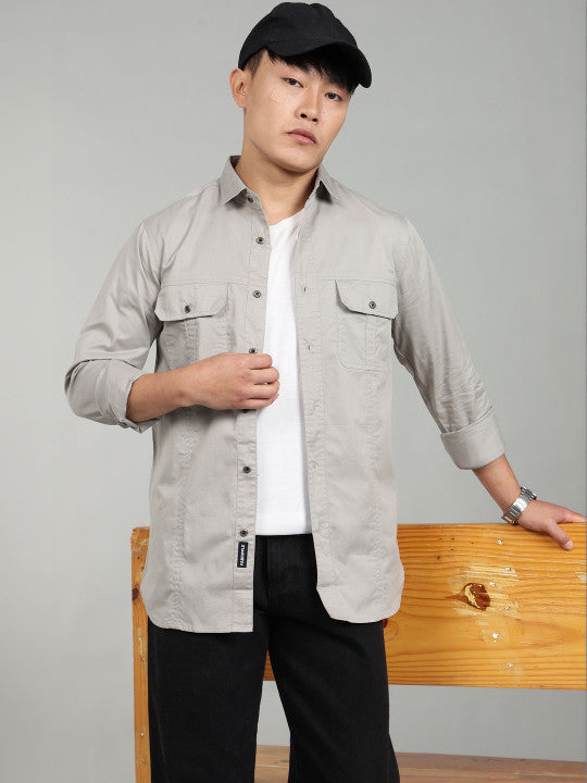 Men’s Light Grey Utility Casual Shirt – Premium Full Sleeve Solid Shirt