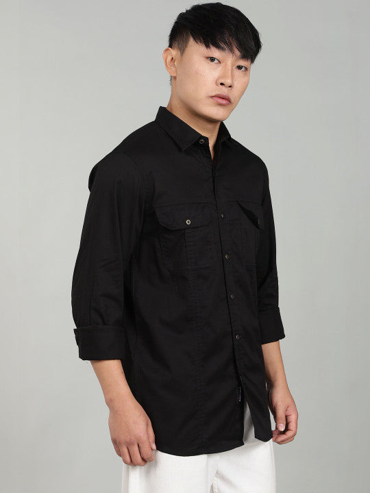 Men’s Black Utility Casual Shirt – Premium Full Sleeve Solid Shirt