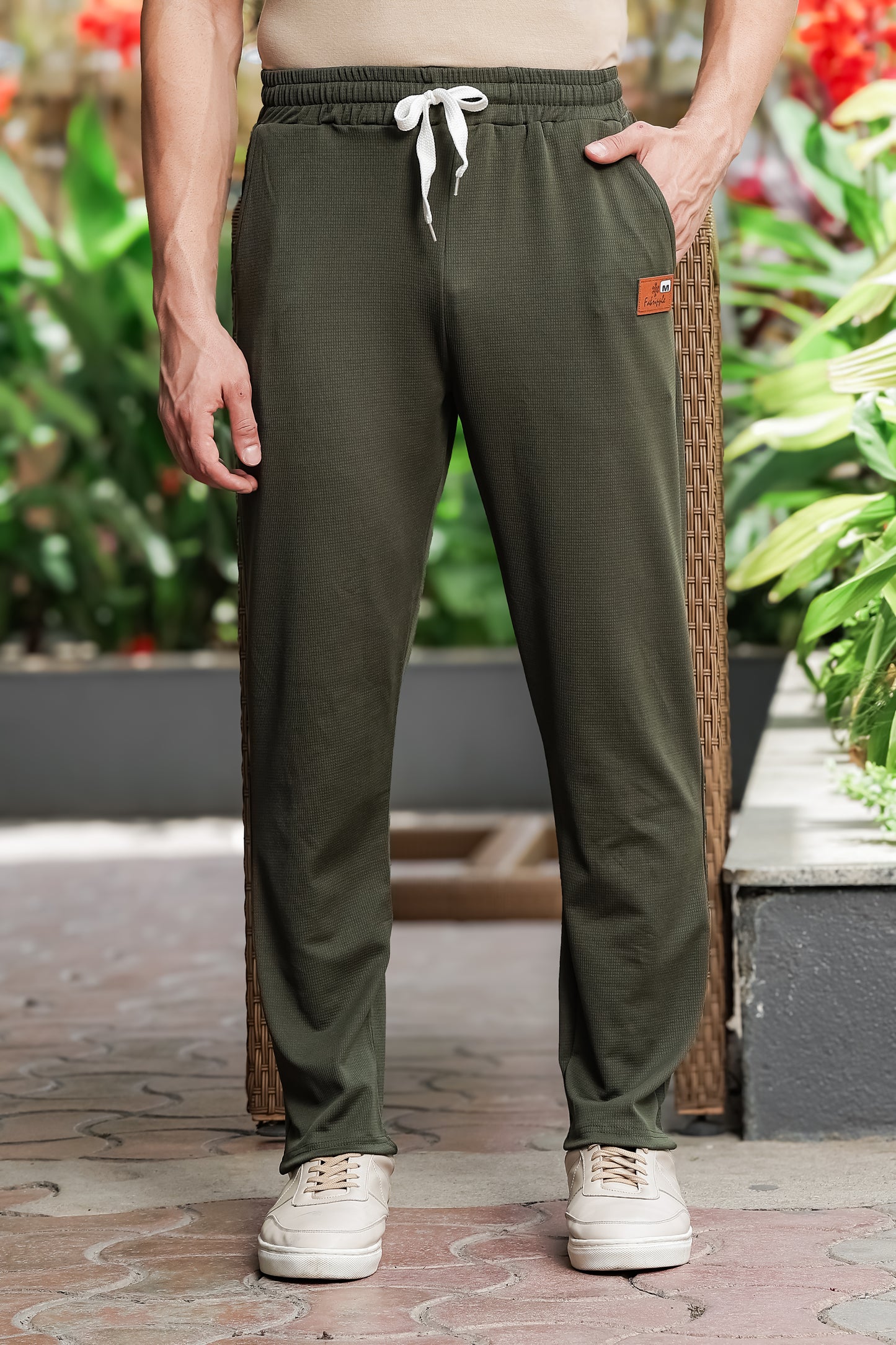 Men's Green Textured Track Pants – Relaxed Fit