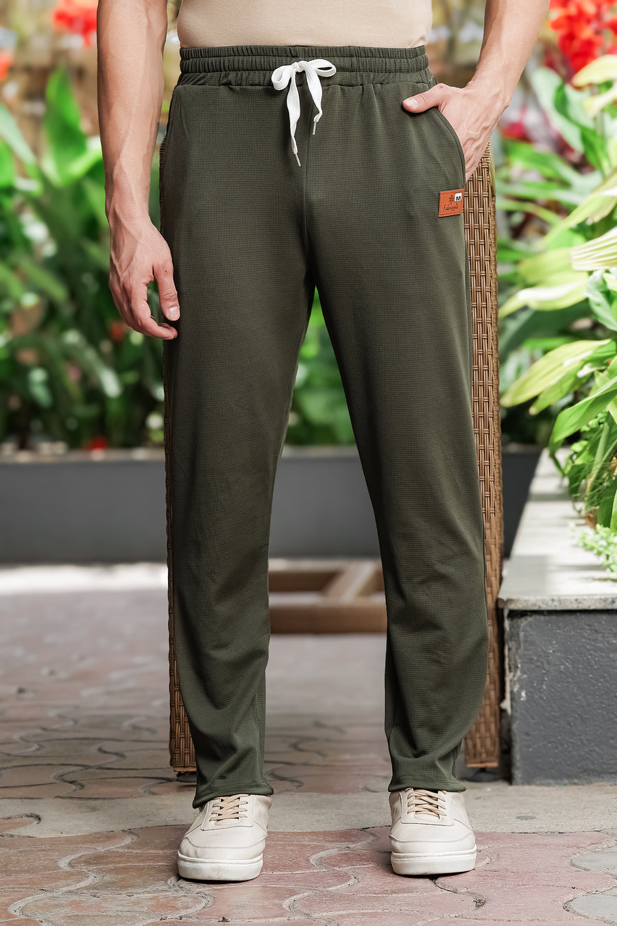 Men's Green Textured Track Pants – Relaxed Fit