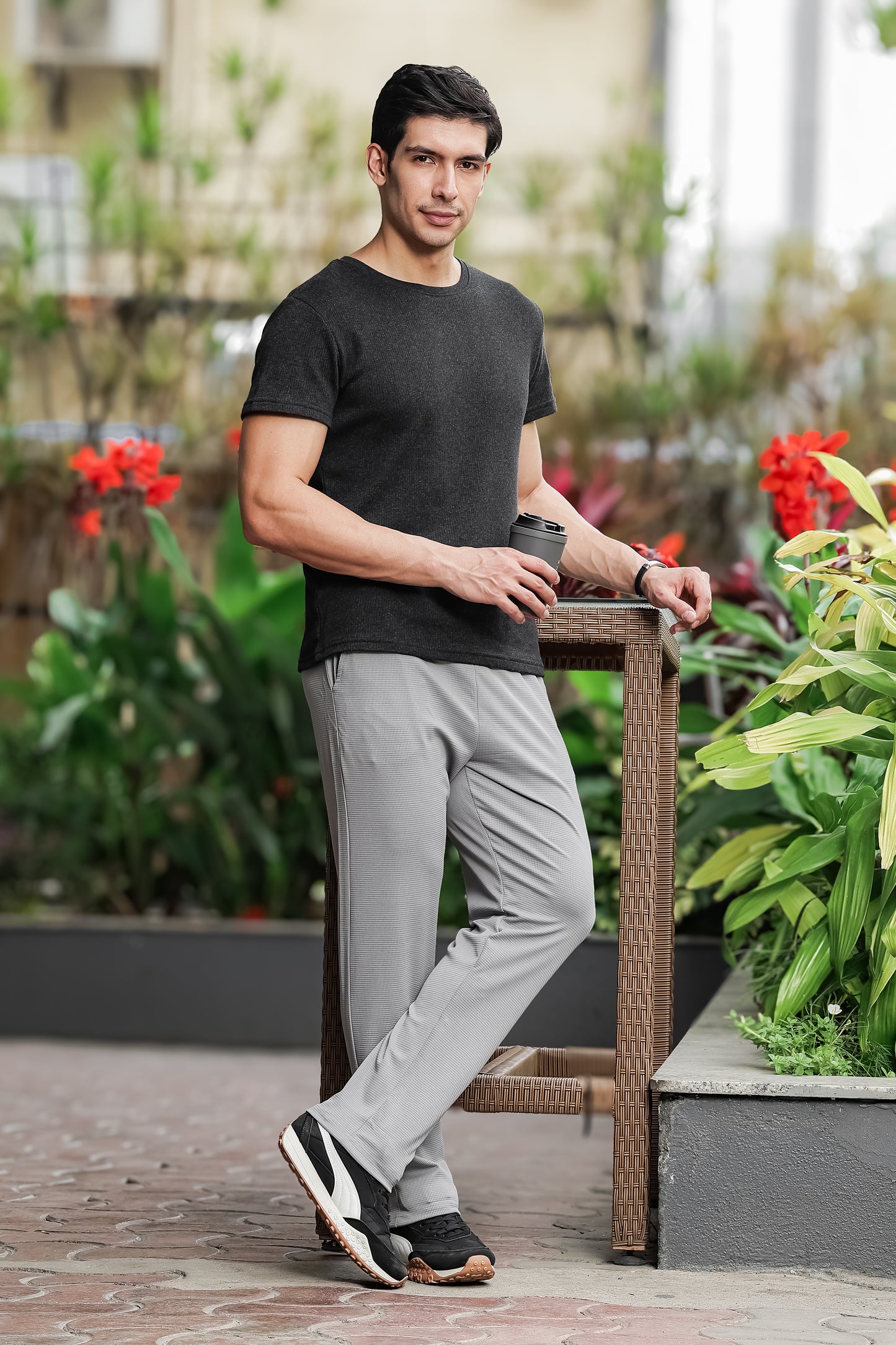Men's Light Grey Textured Track Pants – Straight Fit