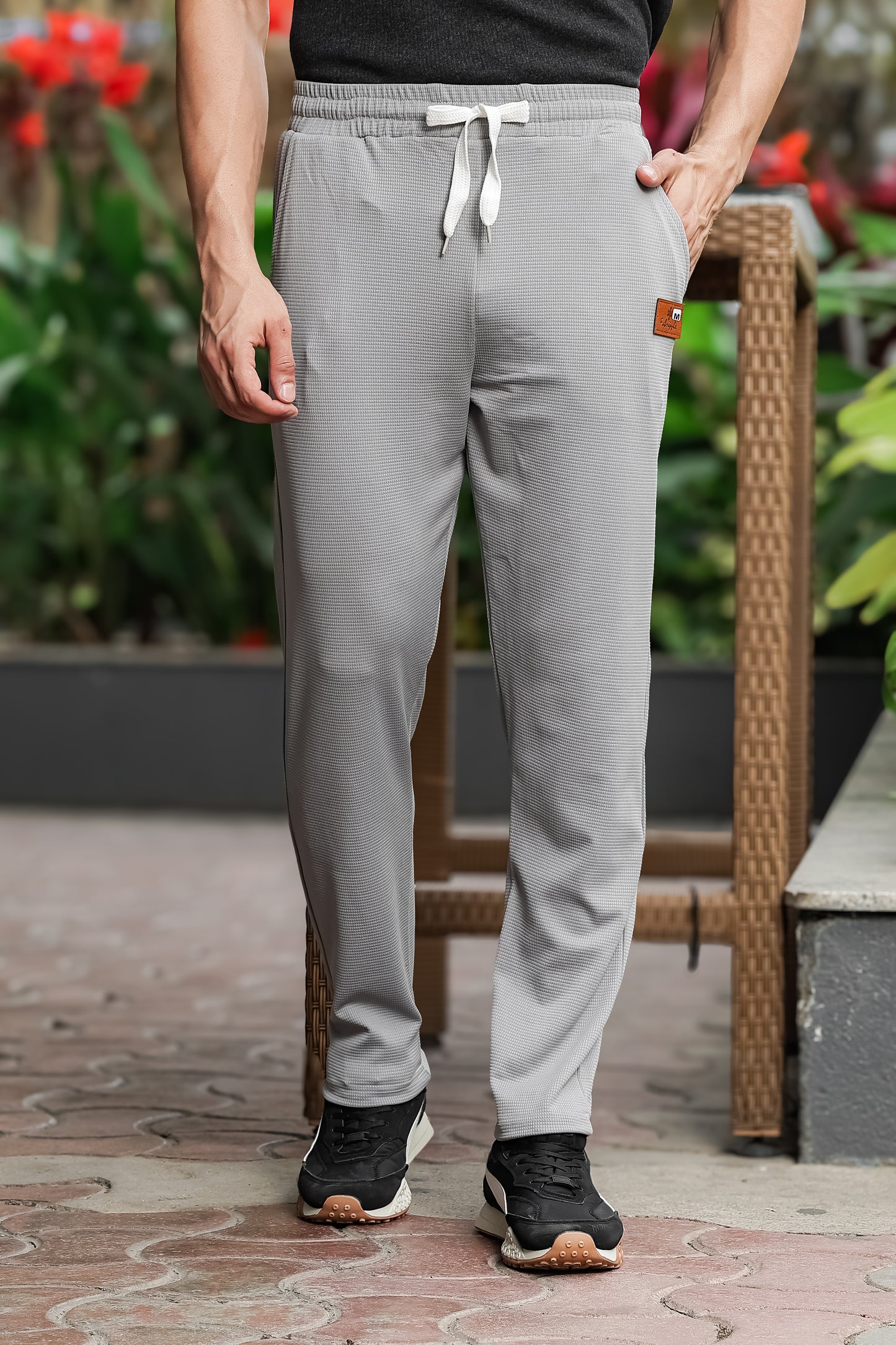Men's Light Grey Textured Track Pants – Straight Fit