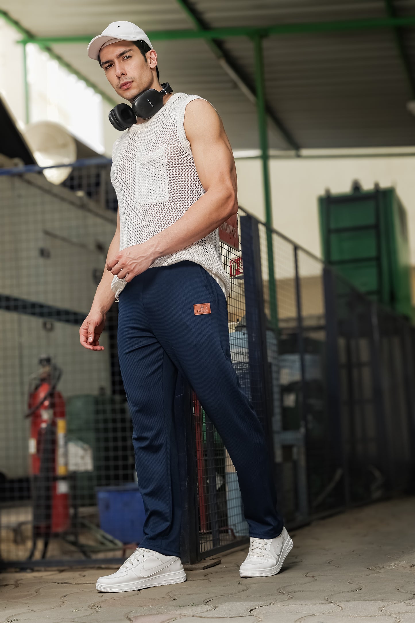 Men's Navy Blue Textured Track Pants – Straight Fit