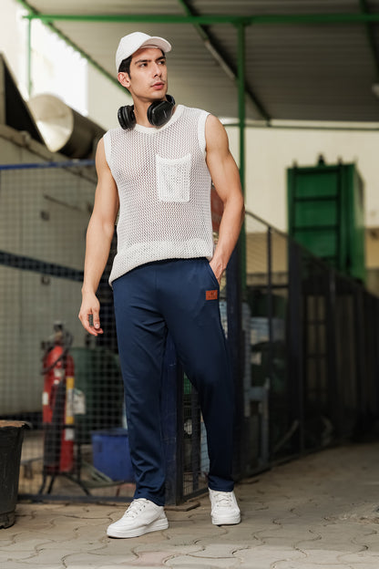 Men's Navy Blue Textured Track Pants – Straight Fit