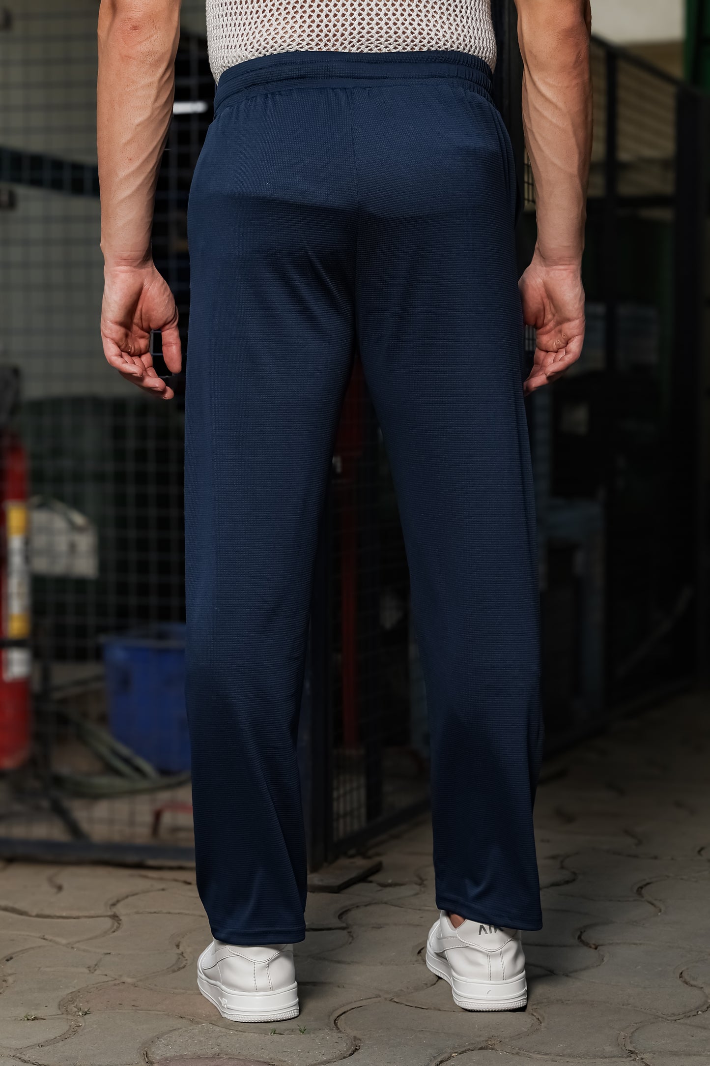 Men's Navy Blue Textured Track Pants – Straight Fit