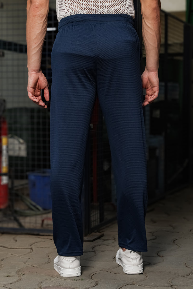 Men's Navy Blue Textured Track Pants – Straight Fit