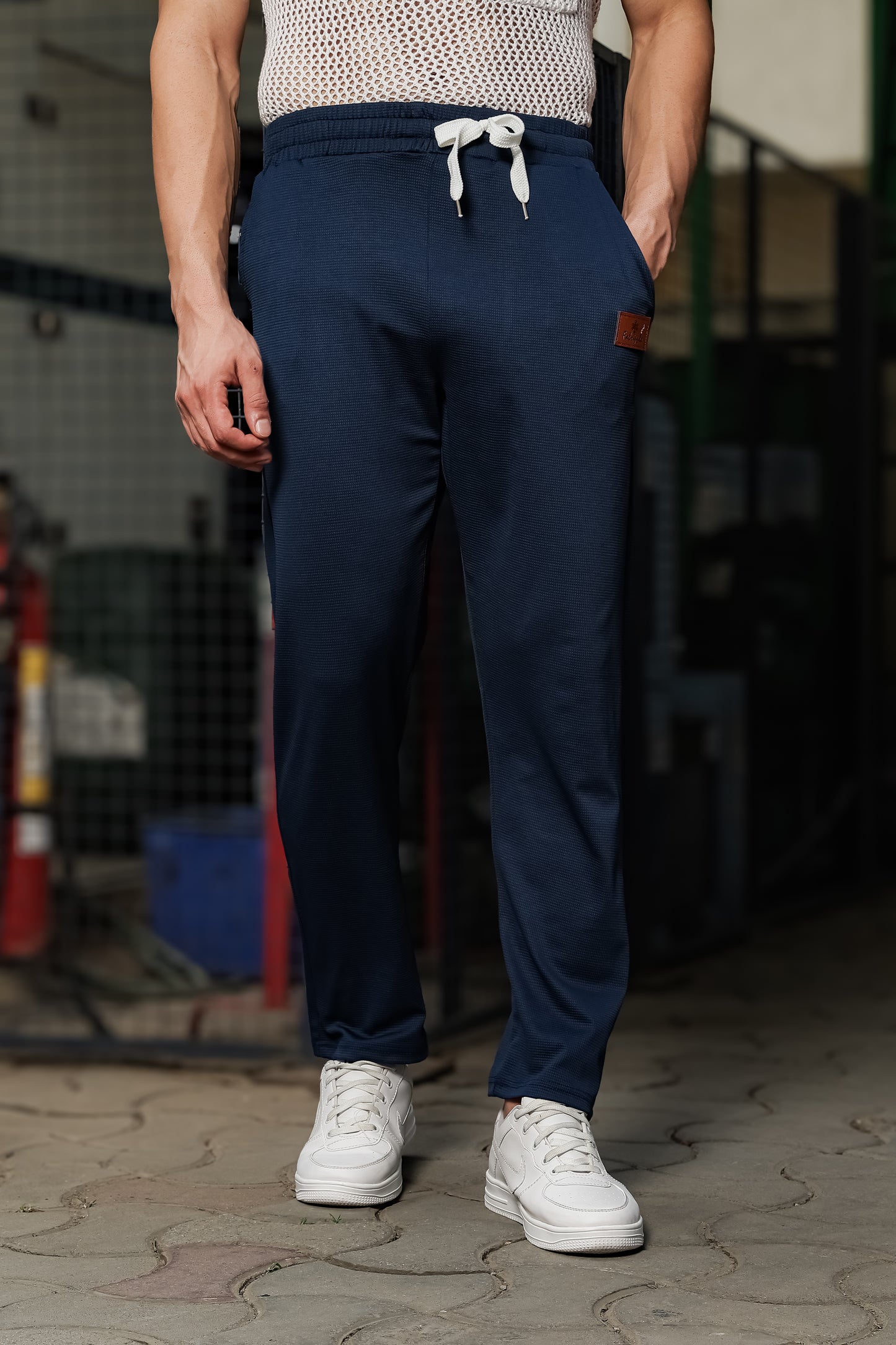 Men's Navy Blue Textured Track Pants – Straight Fit