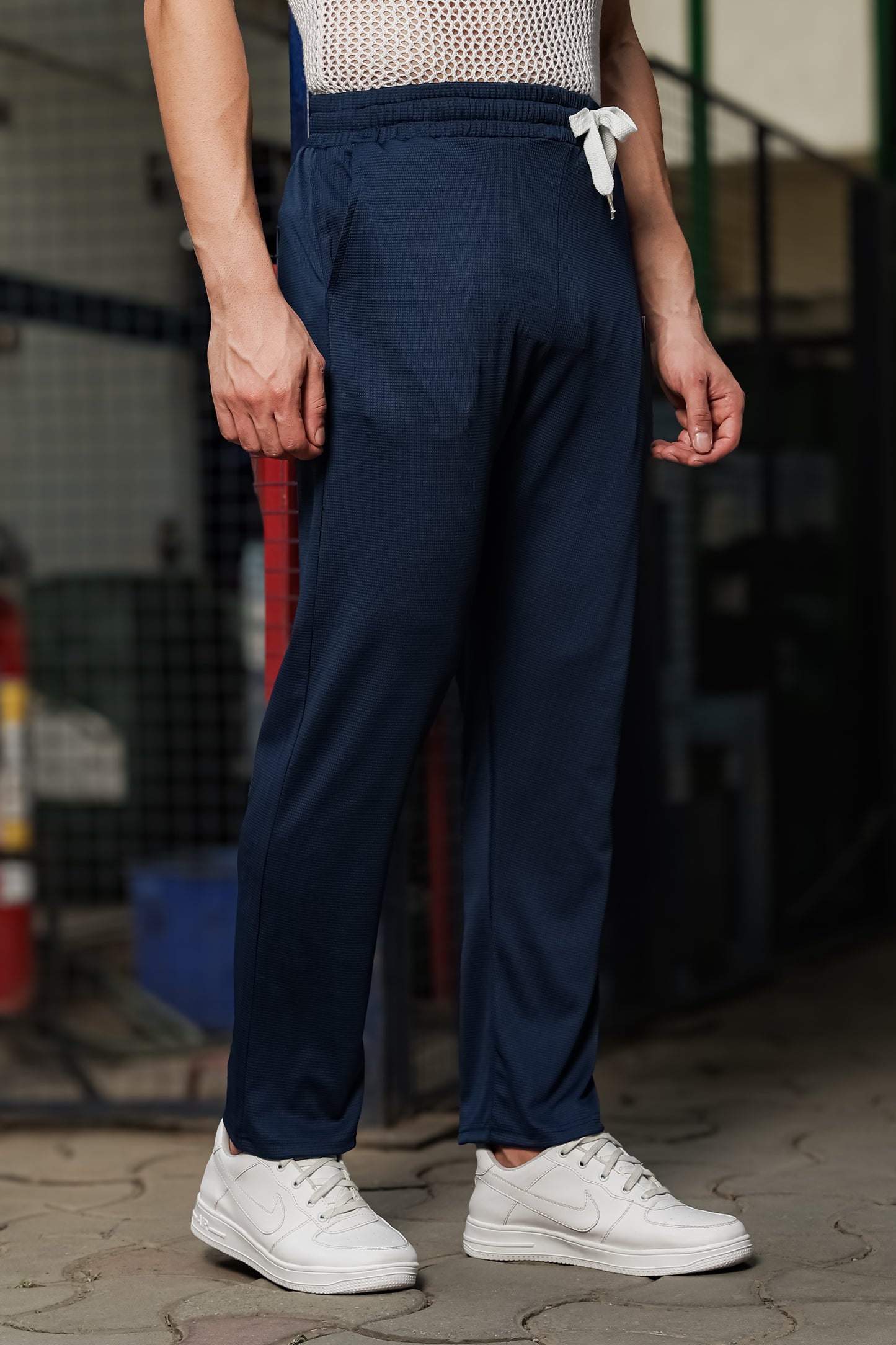 Men's Navy Blue Textured Track Pants – Straight Fit