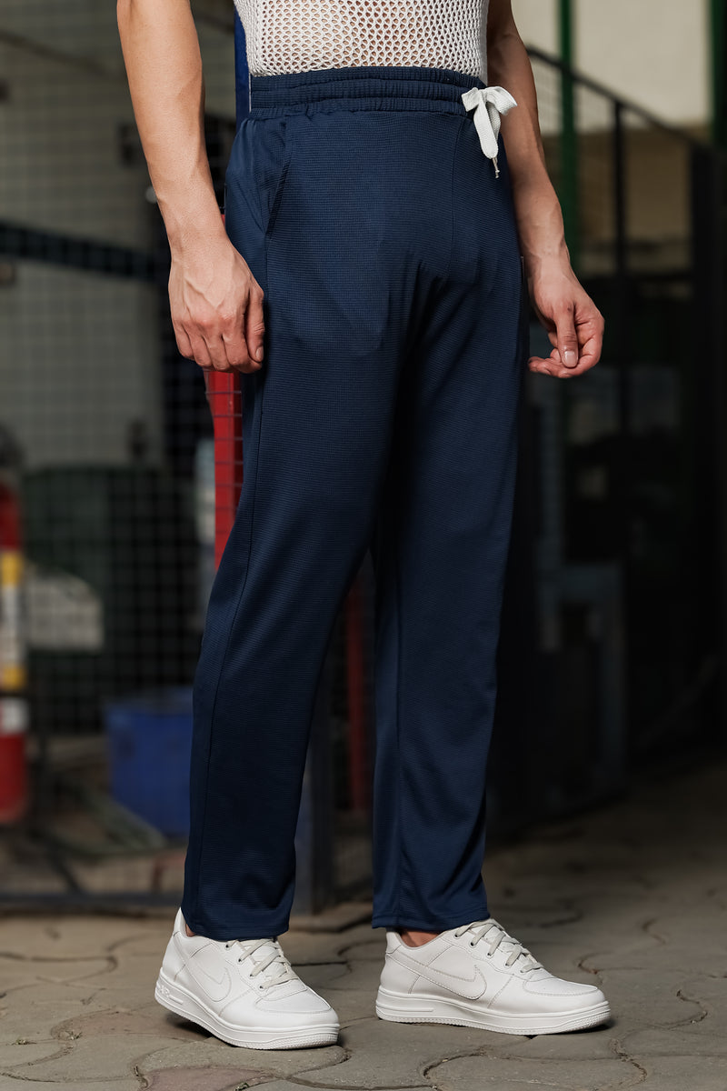 Men's Navy Blue Textured Track Pants – Straight Fit